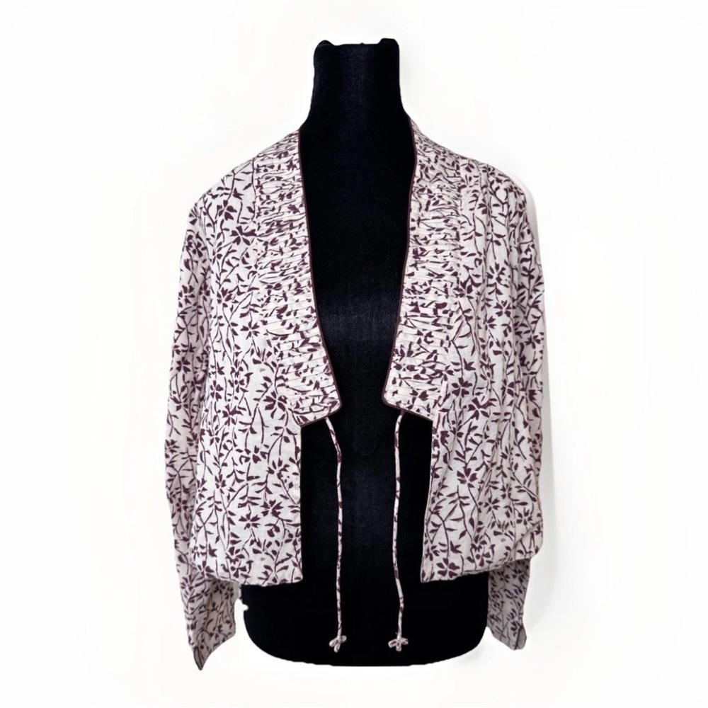 Anokhi Wrap Top Jacket Sz XS Lightweight Cotton Boho Natural Ivory Brown Floral